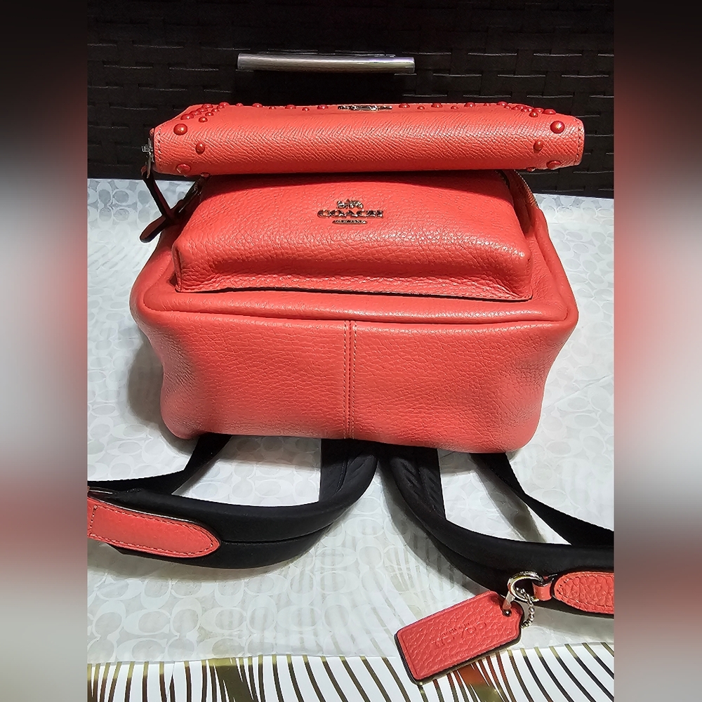 Coach Charlie Mini Coral Leather Backpack & Matching Wallet Studs F45070 Silver - Picture 4 of 14